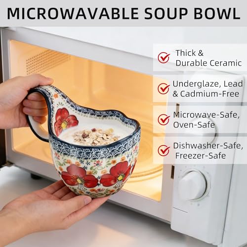 ALMA 2026 Updated Soup Bowls With Loop Handles Microwave & Oven Safe, 18oz Handpainted Flower Soup Mug for Women, Decorative Ceramic Cereal Bowls For Soup,Fruits,Stew,Ice cream,Snack-Red Lily Theme - Image 5