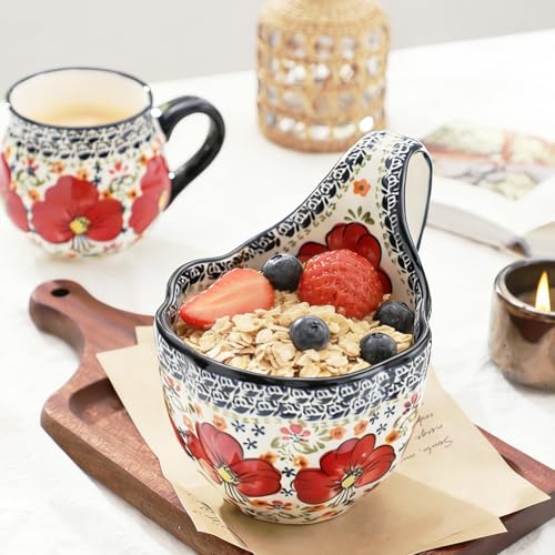 ALMA 2026 Updated Soup Bowls With Loop Handles Microwave & Oven Safe, 18oz Handpainted Flower Soup Mug for Women, Decorative Ceramic Cereal Bowls For Soup,Fruits,Stew,Ice cream,Snack-Red Lily Theme - Image 2