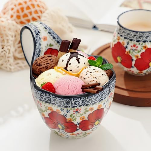 ALMA 2026 Updated Soup Bowls With Loop Handles Microwave & Oven Safe, 18oz Handpainted Flower Soup Mug for Women, Decorative Ceramic Cereal Bowls For Soup,Fruits,Stew,Ice cream,Snack-Red Lily Theme - Image 3