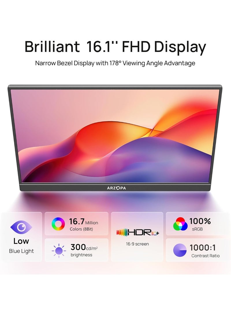 ARZOPA 16.1" Portable Monitor, 100% sRGB FHD 1080P Kickstand Portable Laptop Monitor High Color Gamut Display IPS Eye Care Screen for High-end Office & Entertainment - Image 5