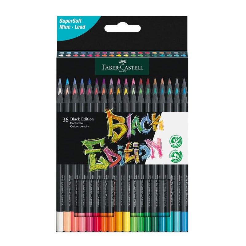 Faber-Castell Black Edition Colored Pencils - 36 Count, Black Wood and Super Soft Core Lead, Neon and Pastel Color Pencil Set, Colored Pencils for Adult Coloring Book, Art Pencils for Beginners - Image 1