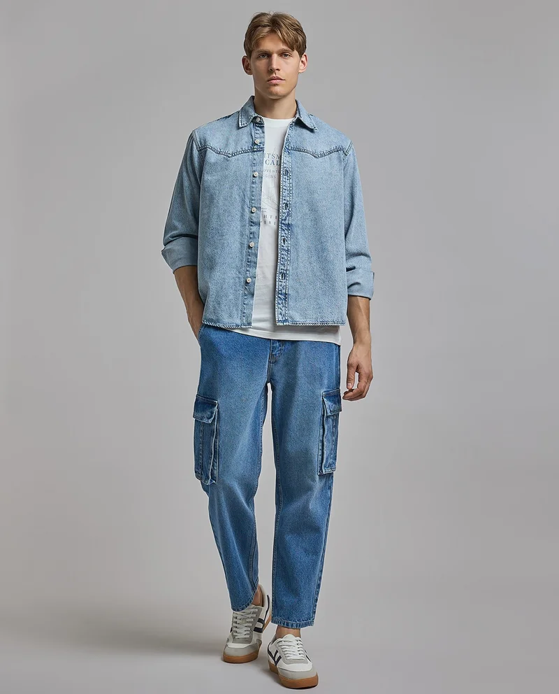 أر أند بي Faded Denim Shirt with Classic Collar and Long Sleeves