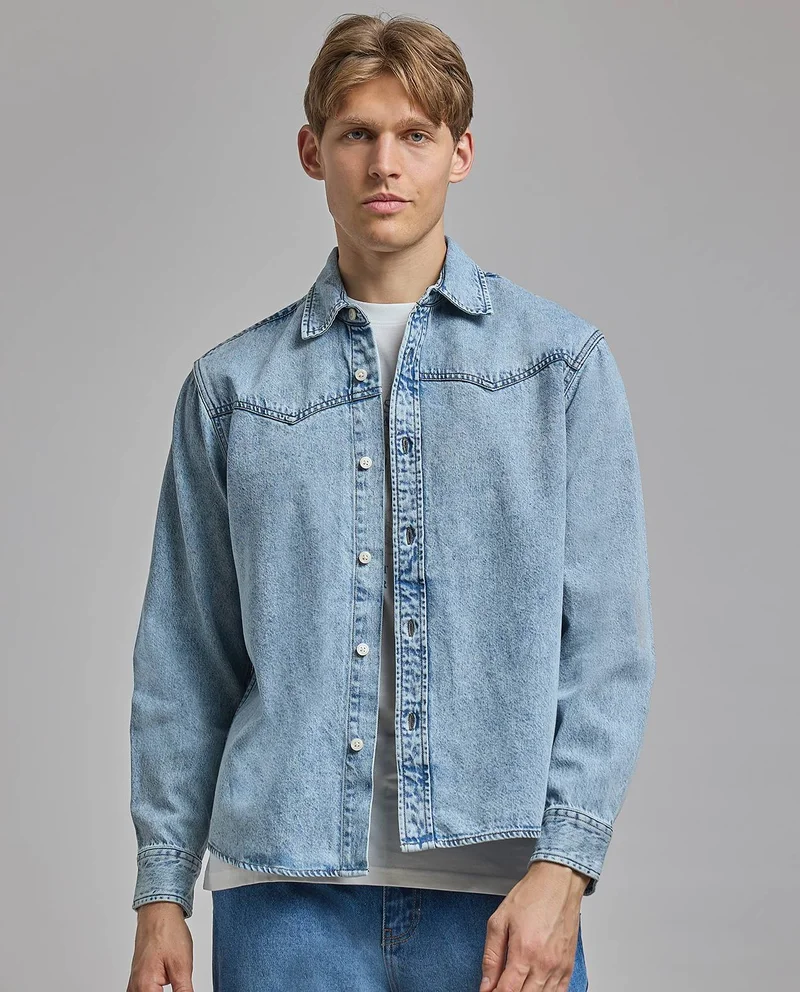 أر أند بي Faded Denim Shirt with Classic Collar and Long Sleeves