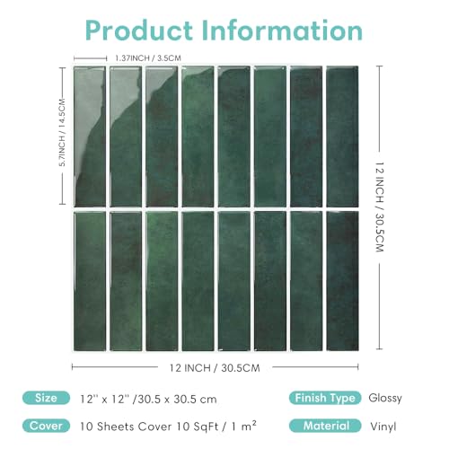 Commomy Green Peel and Stick Tile - 10 Pcs of 12'' x 12'' Vertical 3D Peel and Stick Backsplash for Kitchen and Bathroom Interior Wall Tile(Glossy Surface, Covers 10 sq.ft) - Image 4