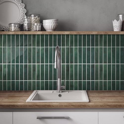 Commomy Green Peel and Stick Tile - 10 Pcs of 12'' x 12'' Vertical 3D Peel and Stick Backsplash for Kitchen and Bathroom Interior Wall Tile(Glossy Surface, Covers 10 sq.ft) - Image 1