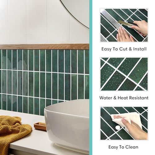 Commomy Green Peel and Stick Tile - 10 Pcs of 12'' x 12'' Vertical 3D Peel and Stick Backsplash for Kitchen and Bathroom Interior Wall Tile(Glossy Surface, Covers 10 sq.ft) - Image 3