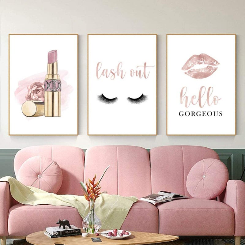 Makeup Wall Art Canvas Fashion Art Eyelash Pictures Wall Decor Lipstick Lips Lash Painting Decor Beauty Salon Wall Art Rose Gold Fashion Poster for Woman 16x24 Inch Unframed