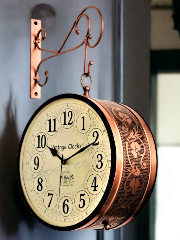 Vintage Clock Iron Handcrafted Double Side Analog Clock With English & Roman Numbers 1 Year Warranty (10 Inches Size, Rose Gold Finish, Floral Design, Vc-65471) - Image 1