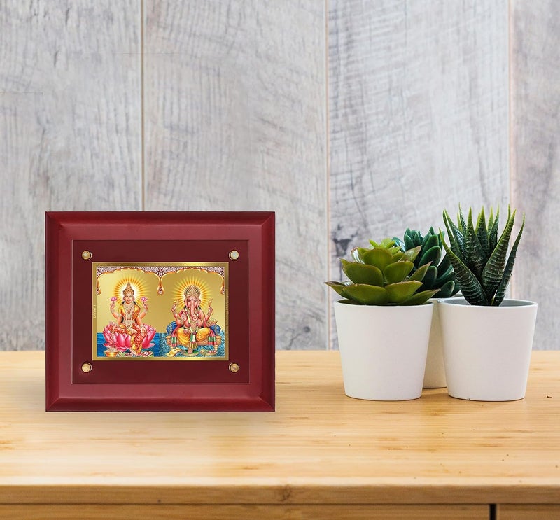 DIVINITI Lakshmi Ganesha Gold Plated Wall Photo Frame Table Dcor MDF 25 Wooden Wall Photo Frame and 24K Gold Plated Foil Religious Photo Frame Idol For Pooja Gifts Items 250CMX200CM - Image 1