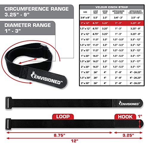 ENVISIONED Velour Cinch Straps 1" x 12" - 10 Pack, Soft Touch Microfiber Reusable Hook and Loop - Plus 2 Free Bonus Reusable Cable Ties - Image 2