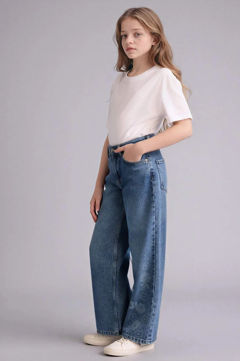 ديفاكتو Girl Straight Wide Leg Floral Print Jeans
