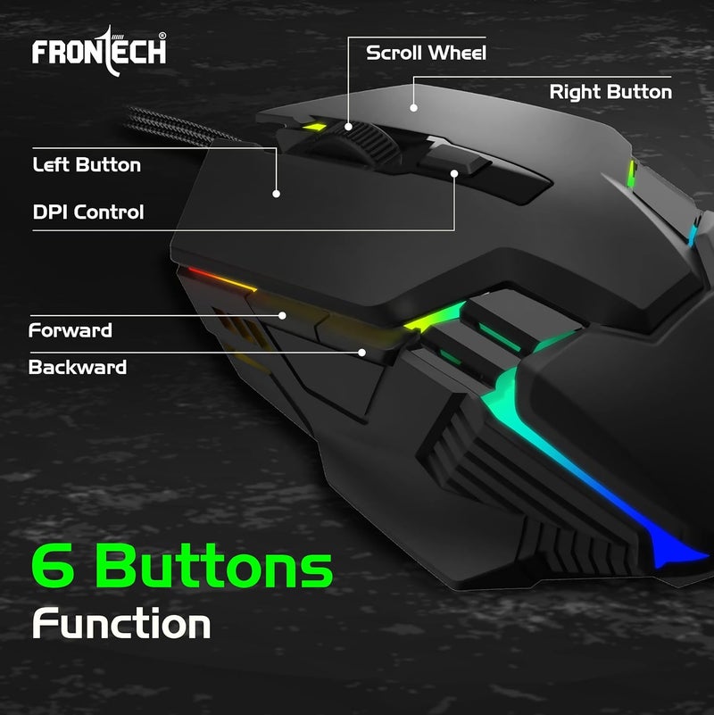 FRONTECH Gaming Mouse, 6-Button USB Wired Mouse with 3600 DPI, Ergonomic Design, 7-Color Rainbow LED, 1.5m Braided Cable, Soft Click – Black (MS-0106) - Image 3