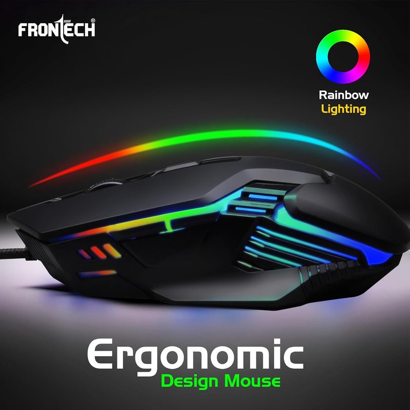 FRONTECH Gaming Mouse, 6-Button USB Wired Mouse with 3600 DPI, Ergonomic Design, 7-Color Rainbow LED, 1.5m Braided Cable, Soft Click – Black (MS-0106) - Image 4