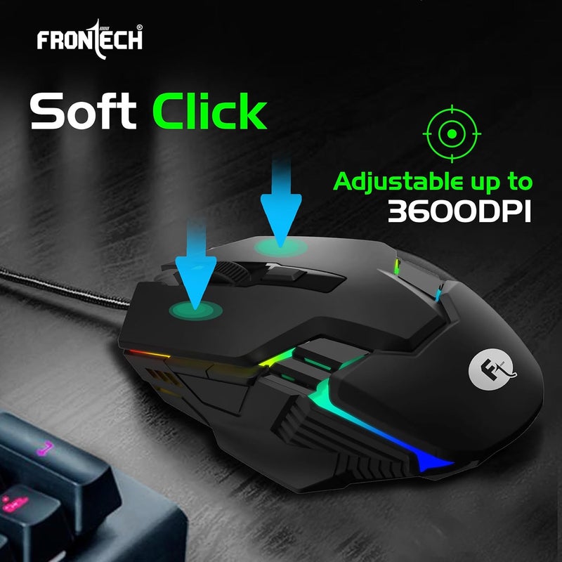FRONTECH Gaming Mouse, 6-Button USB Wired Mouse with 3600 DPI, Ergonomic Design, 7-Color Rainbow LED, 1.5m Braided Cable, Soft Click – Black (MS-0106) - Image 5