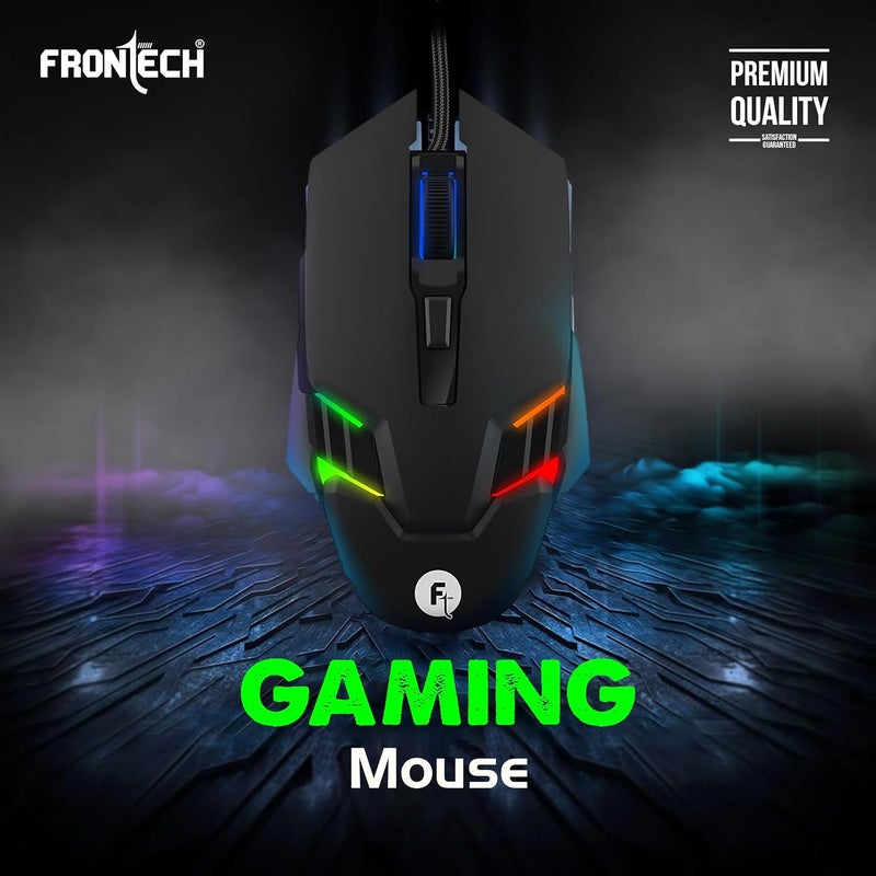 FRONTECH Gaming Mouse, 6-Button USB Wired Mouse with 3600 DPI, Ergonomic Design, 7-Color Rainbow LED, 1.5m Braided Cable, Soft Click – Black (MS-0106) - Image 2