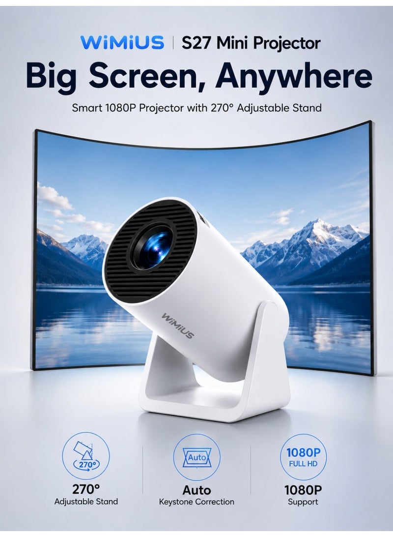 WiMiUS Mini Projector with WiFi & Bluetooth – 270° Adjustable Stand | Portable Outdoor Movie Projector | 1080P Support | Auto Keystone | 2.4G/5G Dual Band | Compatible with Phone, TV Stick & Laptop (Latest S27) - Image 1