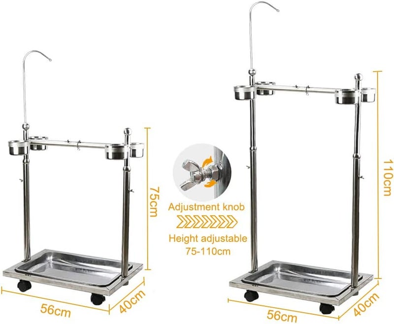 Neostyle Large Stainless Steel Bird Stand,Adjustable Height Pet Bird Parrot Perch Play Stand,with Universal Wheel Parrot Game Toy Hook and Feeding Bowl(56 * 40 * 75-110cm) - Image 1