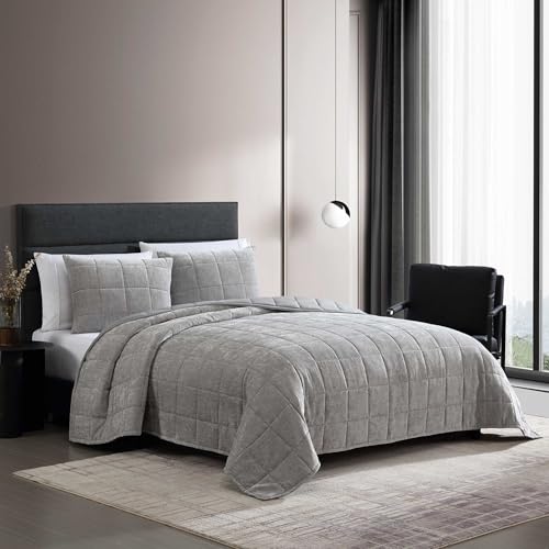 Vera Wang - Queen Quilt Set, Super Soft Bedding Set with Matching Shams, Modern Room Essentials (Chenille Box Solid Silver Grey, Queen) - Image 2