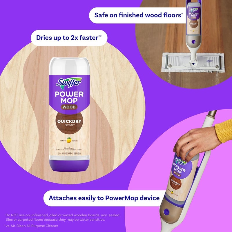 Swiffer Power Mop Wood Refill Solution, QuickDry Hardwood Floor Cleaner for Mopping Home, Bathroom, Kitchen, All Purpose Multi-Surface Solution for Floor Cleaning, Lemon Scent, 50.6oz - Image 3