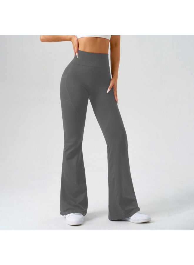 Peach Flared Yoga Pants For Women, Elastic Fitness Long Pants, Convenient Pocket Design, Sports Yoga Bell-bottom Pants