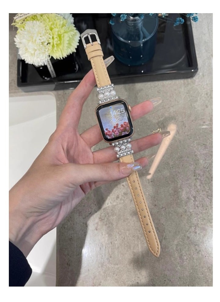 Generic - luxury diamond pearl leather suitable for Apple watch strap - Light Beige - Image 1