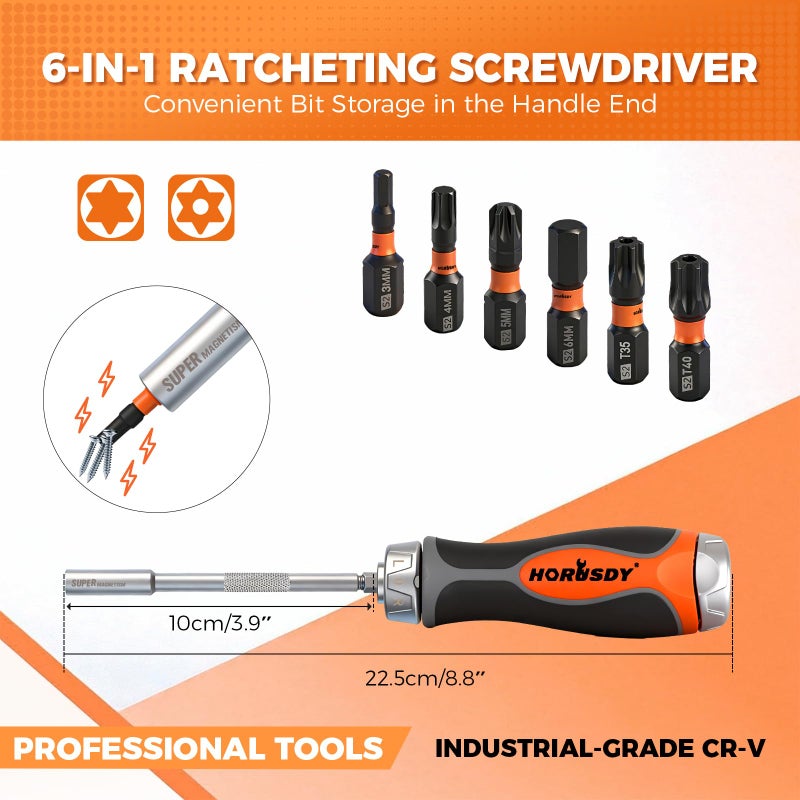 HORUSDY 6-in-1 Ratcheting Screwdriver Set, Magnetic Multi-Bit Screwdriver with Built-in Premium S2 Bits & 126mm Extension Bar, Dad Mens Gifts for Christmas, All-in-One Tool for Home Repair, DIY - Image 2