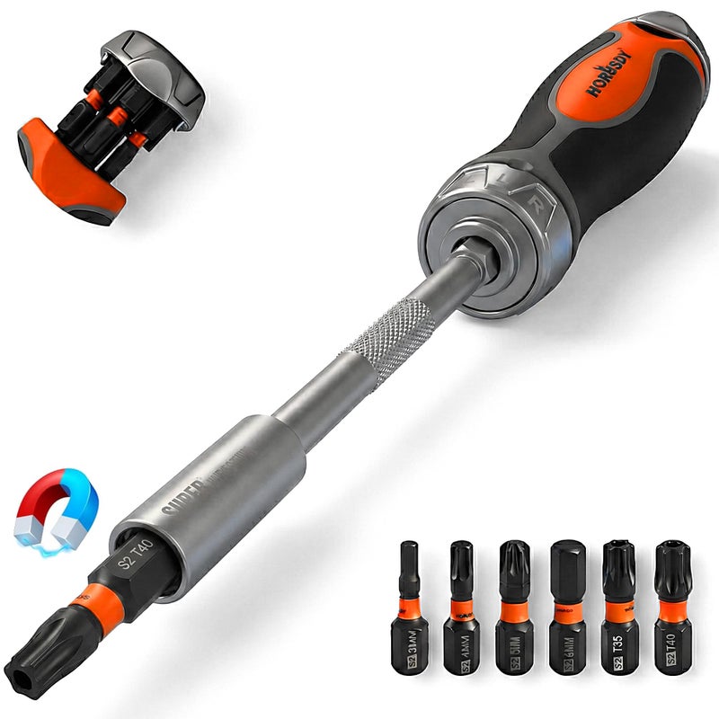HORUSDY 6-in-1 Ratcheting Screwdriver Set, Magnetic Multi-Bit Screwdriver with Built-in Premium S2 Bits & 126mm Extension Bar, Dad Mens Gifts for Christmas, All-in-One Tool for Home Repair, DIY - Image 1