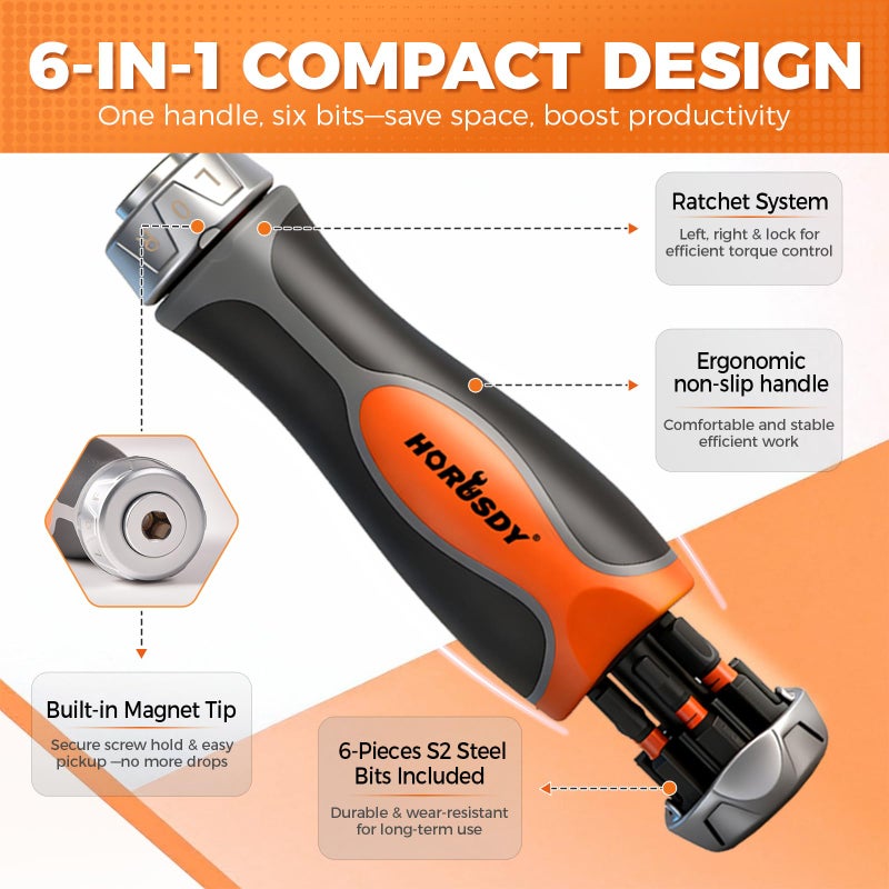 HORUSDY 6-in-1 Ratcheting Screwdriver Set, Magnetic Multi-Bit Screwdriver with Built-in Premium S2 Bits & 126mm Extension Bar, Dad Mens Gifts for Christmas, All-in-One Tool for Home Repair, DIY - Image 5