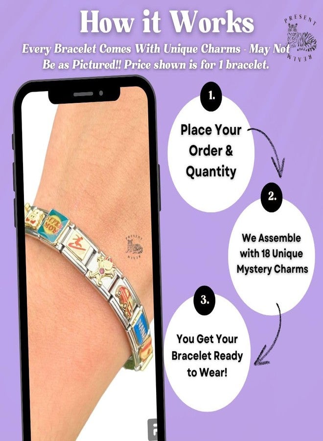 Present Realm Italian Charm Bracelet - Mystery Assorted Vintage with 18 Unique Italian Charms, Silver Assembled Set of 1 Full Bracelet, One Size, Stainless Steel, no gemstone - Image 2