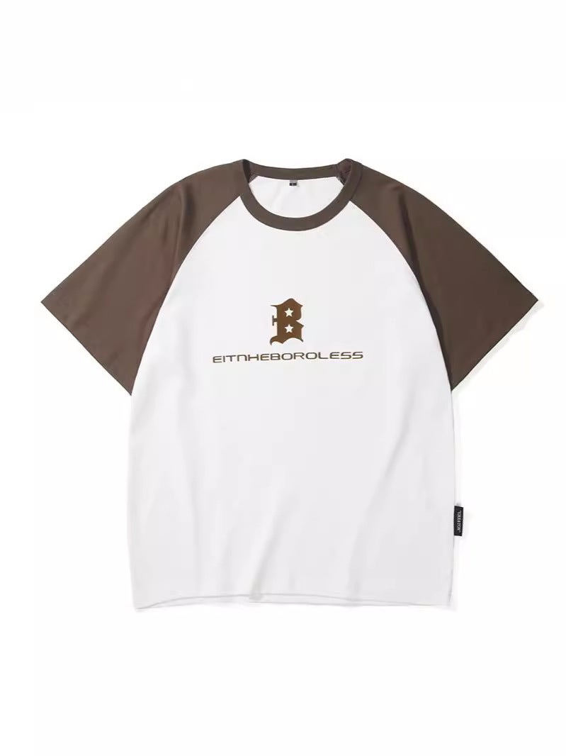 Summer Thin Flocking Printed T-Shirt Men'S Hong Kong Style Stitching Round Neck Short Sleeve T-Shirt Men'S Youth Plus Size Shirt - Image 2