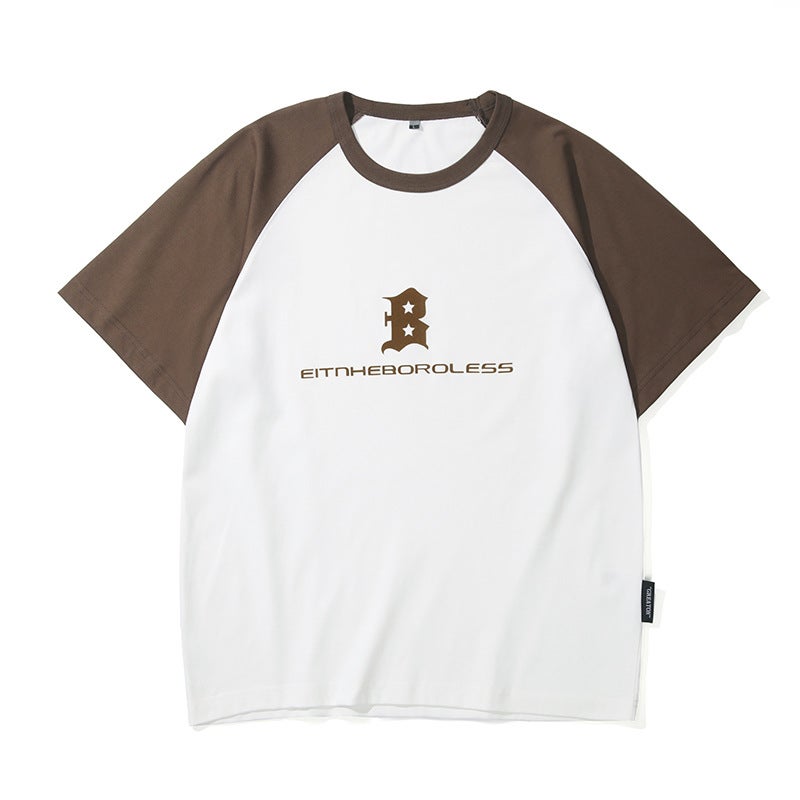 Summer Thin Flocking Printed T-Shirt Men'S Hong Kong Style Stitching Round Neck Short Sleeve T-Shirt Men'S Youth Plus Size Shirt - Image 1