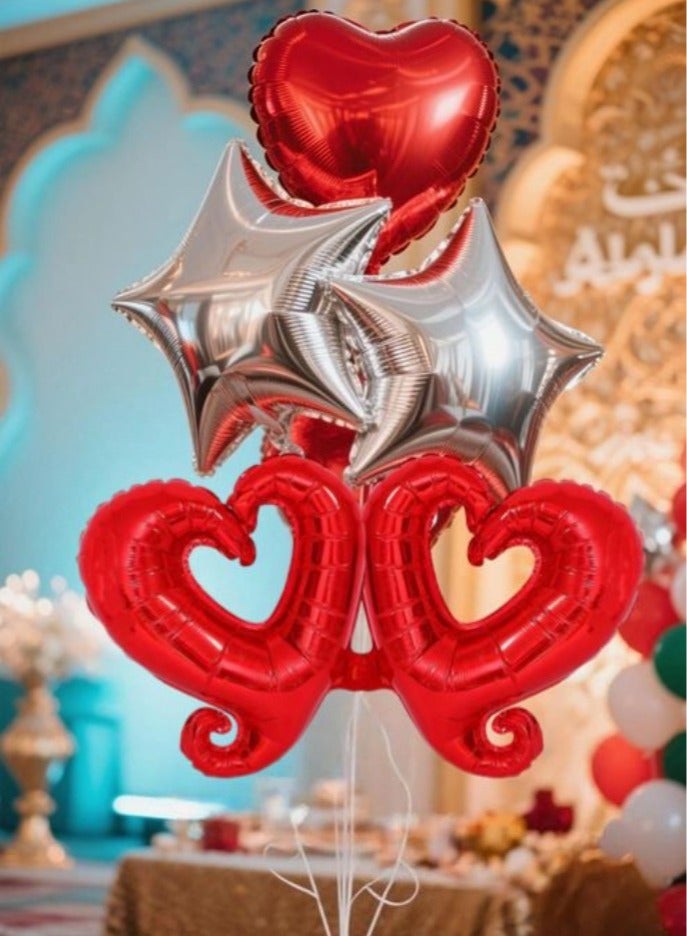 بالونات من رقائق معدنية على شكل قلب مع بالونات من رقائق معدنية على شكل نجمة (عبوة من 8 قطع باللونين الأحمر والفضي) مقاس 18 بوصة - Image 1