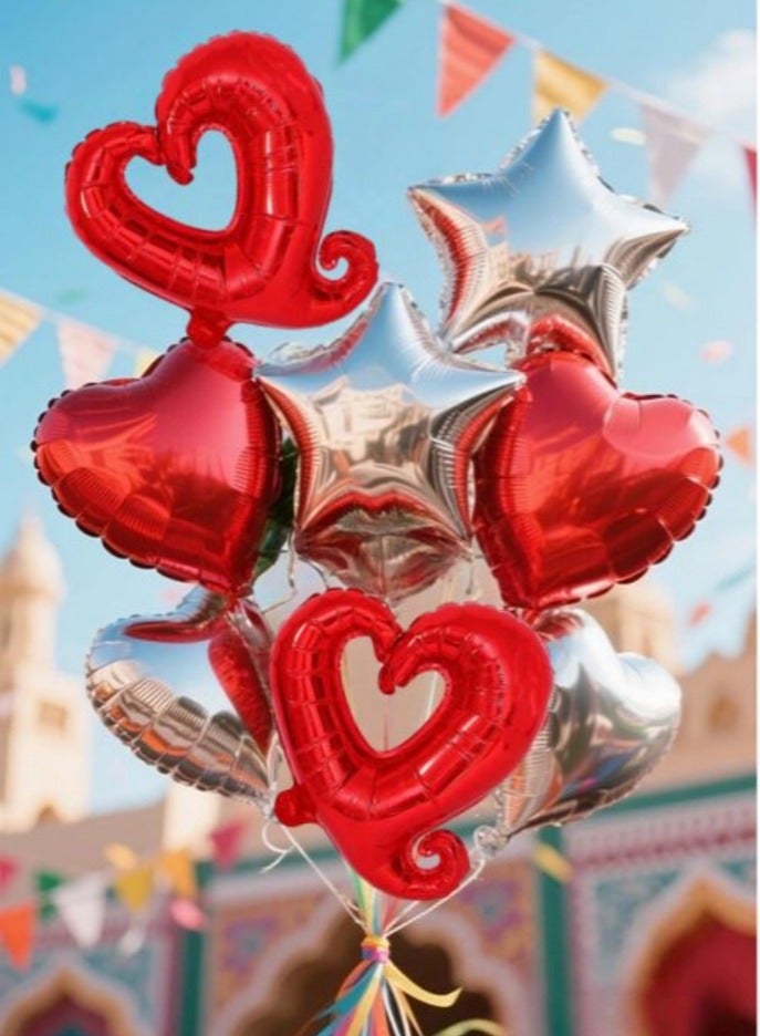 بالونات من رقائق معدنية على شكل قلب مع بالونات من رقائق معدنية على شكل نجمة (عبوة من 8 قطع باللونين الأحمر والفضي) مقاس 18 بوصة - Image 2