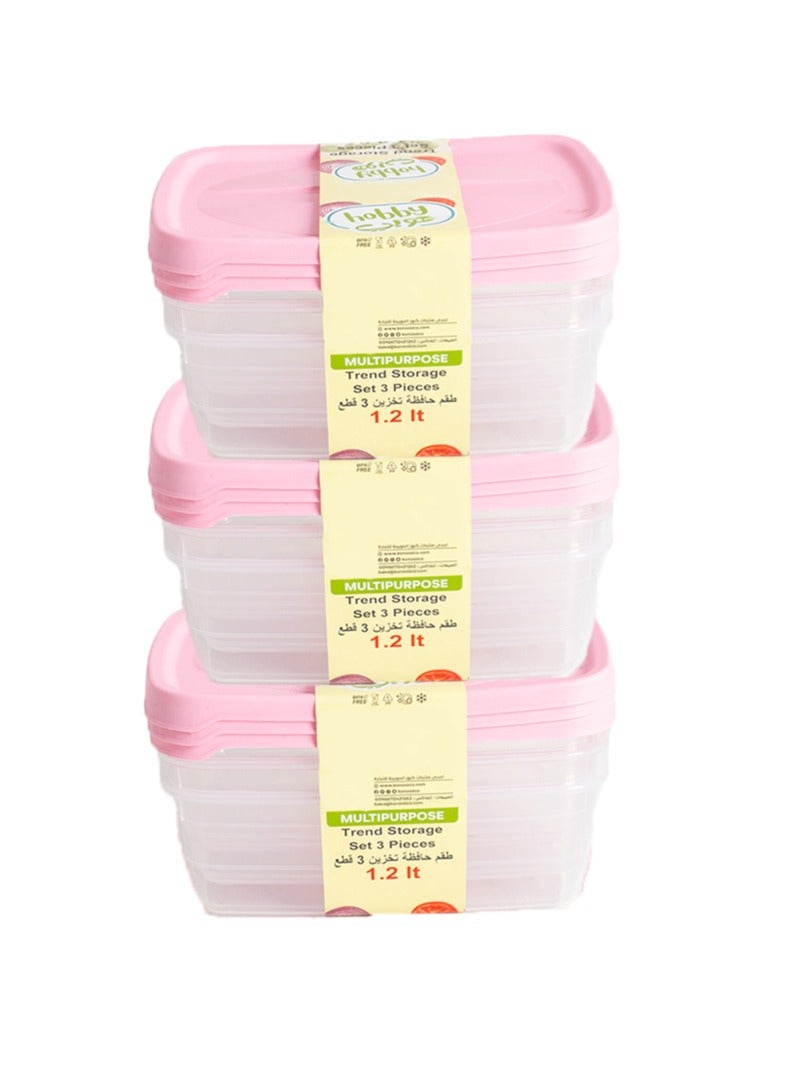 هوبي طقم حافظات طعام مستطيلة 9قطع 1.2لتر وردي - Image 1