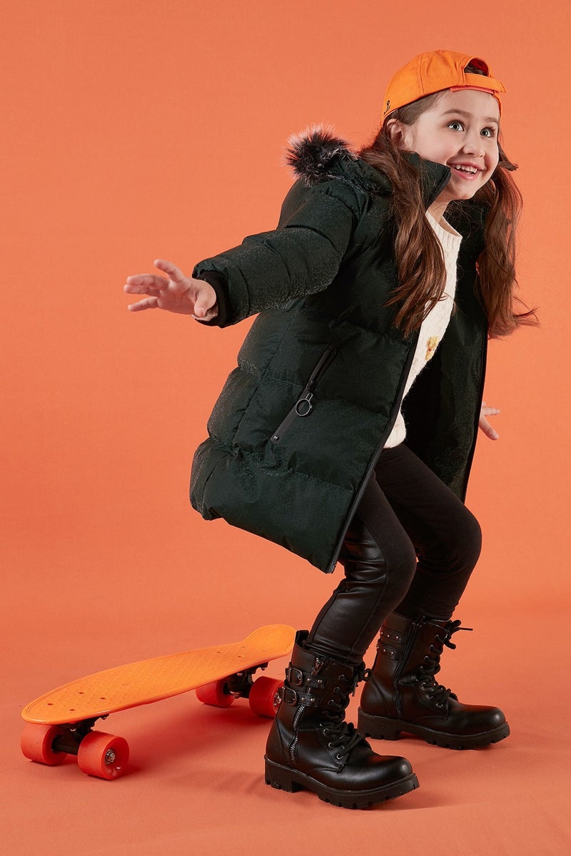 Lela Collar Faux Fur Plush Lined Removable Hooded Slim Cut Winter Coat Girls' COAT 5760002  - Image 1