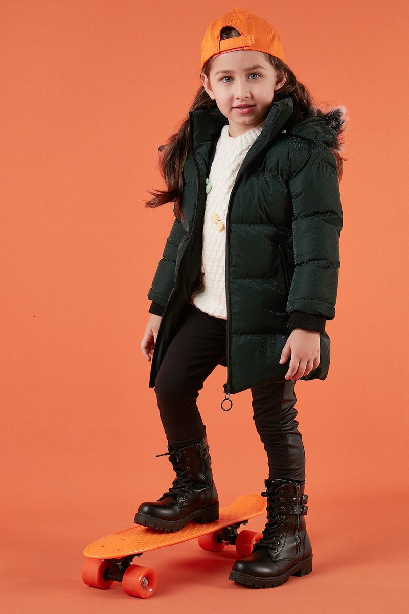 Lela Collar Faux Fur Plush Lined Removable Hooded Slim Cut Winter Coat Girls' COAT 5760002  - Image 2