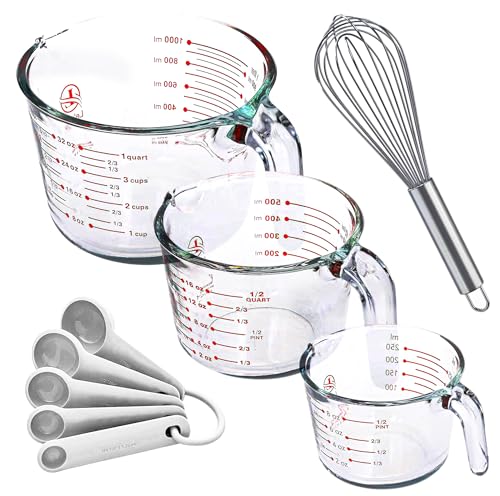 Le'raze Leraze Set of 3 Glass Measuring Cups with Measuring Spoons Whisk Kitchen Mixing Bowl Liquid Measure Cup Glass Bakeware 1 cup 2 cup 4 cup Multi Size Clear - Image 1