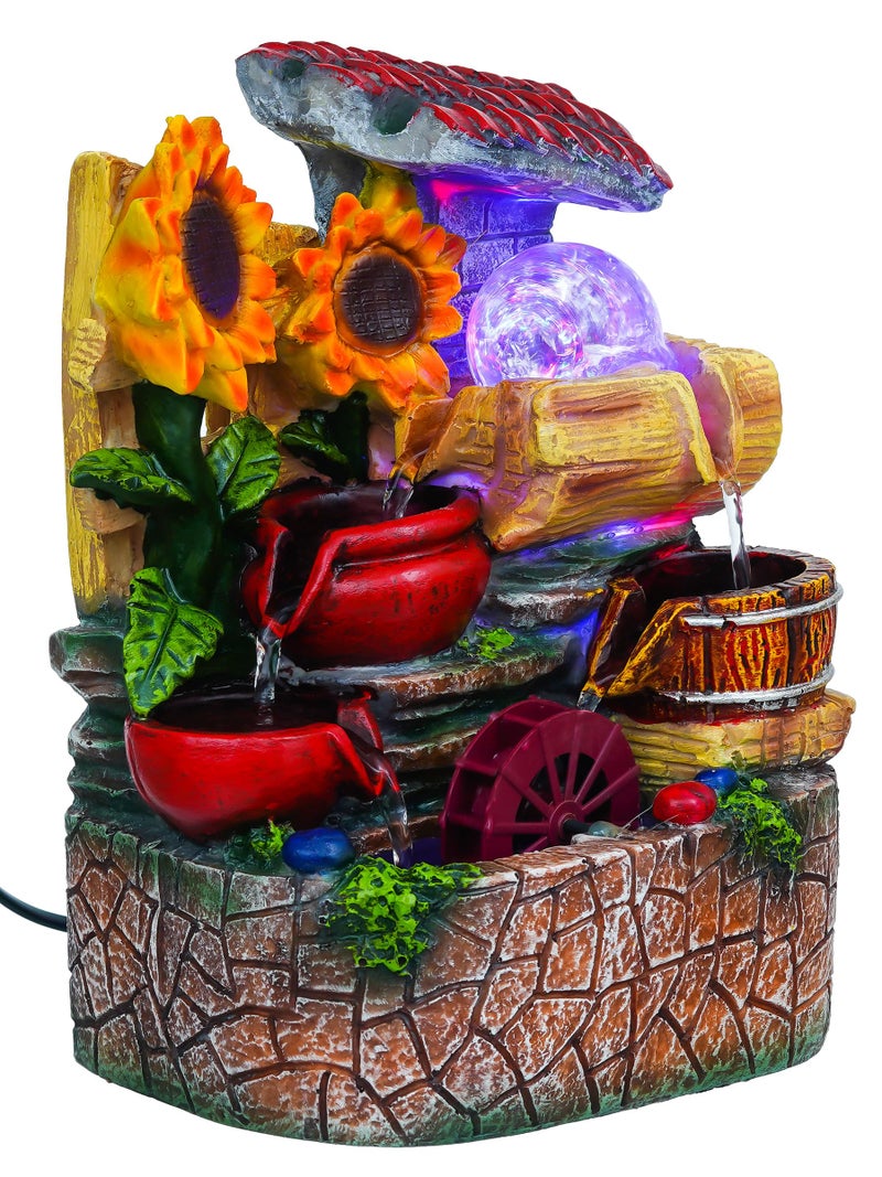 CHRONIKLE Polyresin Sunflower Design Tabletop 4 Steps Indoor Water Fountain for Home Decor with LED Light, Speed Controller Pump & Crystal Ball (Size: 18.5 x 13 x 25CM |Color:Multi | Weight:1310 Gram) - Image 4
