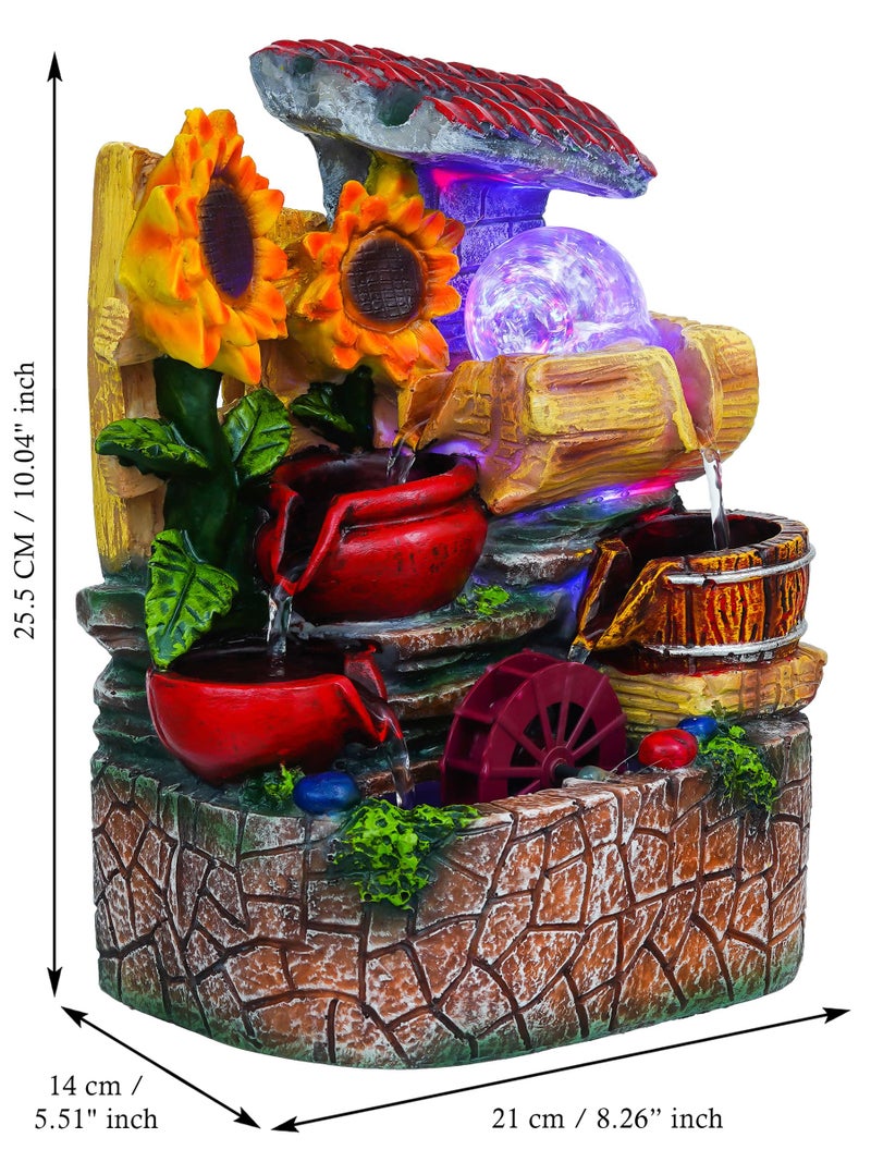 CHRONIKLE Polyresin Sunflower Design Tabletop 4 Steps Indoor Water Fountain for Home Decor with LED Light, Speed Controller Pump & Crystal Ball (Size: 18.5 x 13 x 25CM |Color:Multi | Weight:1310 Gram) - Image 2