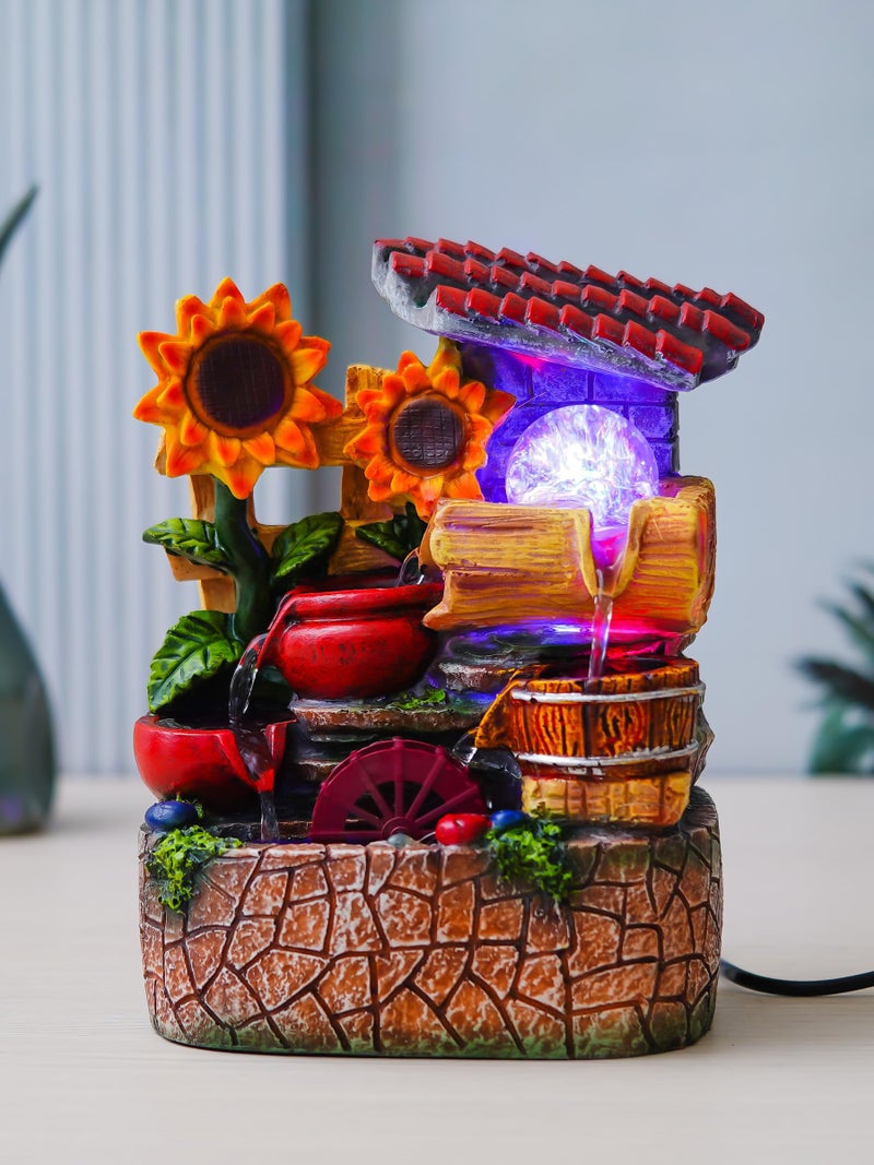 CHRONIKLE Polyresin Sunflower Design Tabletop 4 Steps Indoor Water Fountain for Home Decor with LED Light, Speed Controller Pump & Crystal Ball (Size: 18.5 x 13 x 25CM |Color:Multi | Weight:1310 Gram) - Image 1
