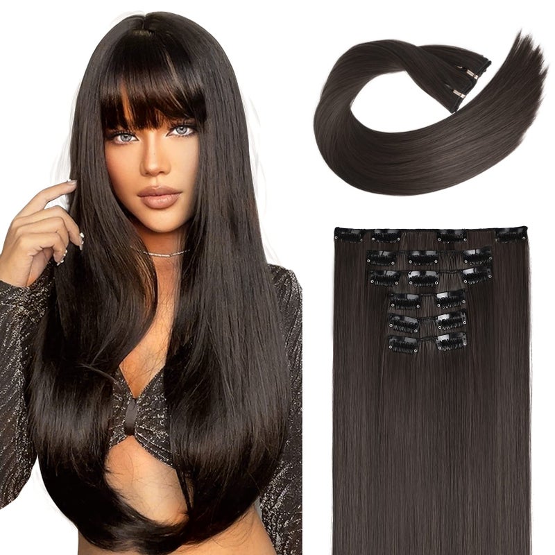 LONAI Clip in Hair Extensions 6PCS 24 Long Black Brown with Highlight Straight Synthetic Clip On Hairpiece For Women Natural Hair For Daily Use Cosplay Party