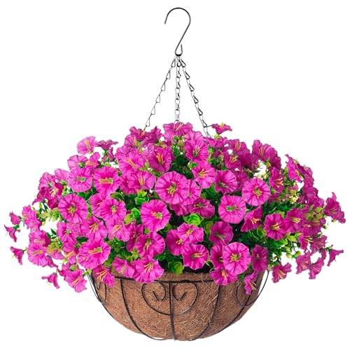 Ivydale Artificial Silk Hanging Plants Flowers Basket for Outdoor Outside Summer Decoration, Fake Faux UV Sun Resistant Look Real Morning Glory Fuchsia for Porch Patio Balcony Home - Image 1