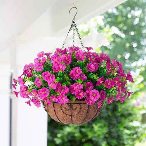 Ivydale Artificial Silk Hanging Plants Flowers Basket for Outdoor Outside Summer Decoration, Fake Faux UV Sun Resistant Look Real Morning Glory Fuchsia for Porch Patio Balcony Home - Image 3