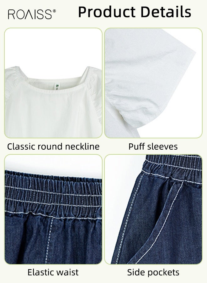 roaiss 2 Piece Comortable Clothing Set for Girls, Round Neck Solid Top and Long Denim Skirt Set, Stylish Summer Outfit with Short Sleeve Top and Elastic Waist Skirt  - Image 4