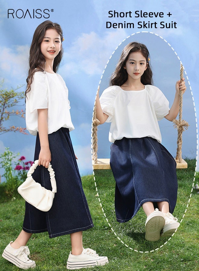 roaiss 2 Piece Comortable Clothing Set for Girls, Round Neck Solid Top and Long Denim Skirt Set, Stylish Summer Outfit with Short Sleeve Top and Elastic Waist Skirt  - Image 3