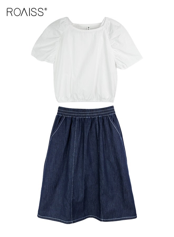 roaiss 2 Piece Comortable Clothing Set for Girls, Round Neck Solid Top and Long Denim Skirt Set, Stylish Summer Outfit with Short Sleeve Top and Elastic Waist Skirt  - Image 2
