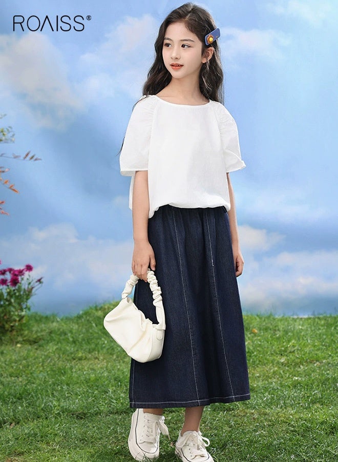 roaiss 2 Piece Comortable Clothing Set for Girls, Round Neck Solid Top and Long Denim Skirt Set, Stylish Summer Outfit with Short Sleeve Top and Elastic Waist Skirt  - Image 1