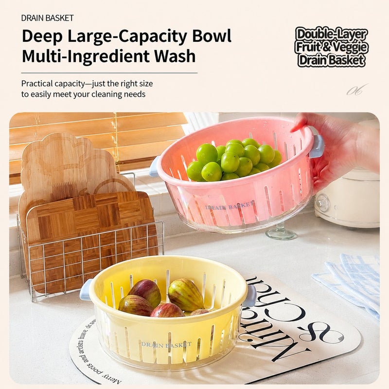Small Size Cherry Pink Double-Layer Vegetable Washing Basin with Drainage Basket - Cute Fruit Tray for Home Living Room and Kitchen - Image 4
