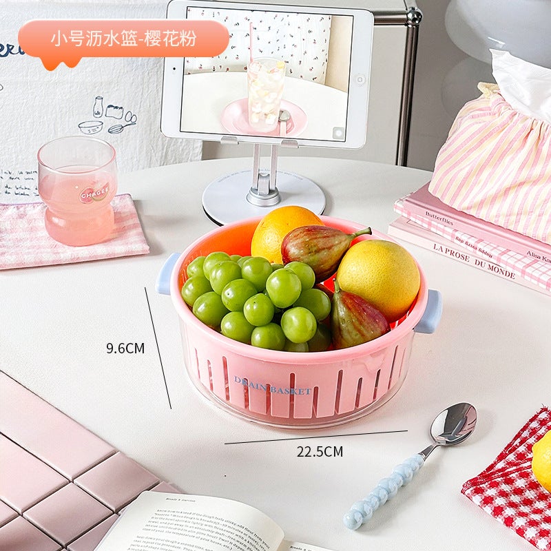 Small Size Cherry Pink Double-Layer Vegetable Washing Basin with Drainage Basket - Cute Fruit Tray for Home Living Room and Kitchen - Image 1