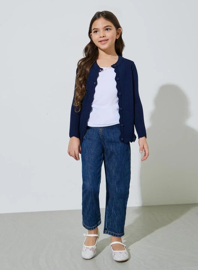 Styli Girls Navy Blue Solid Button-Front Cardigan